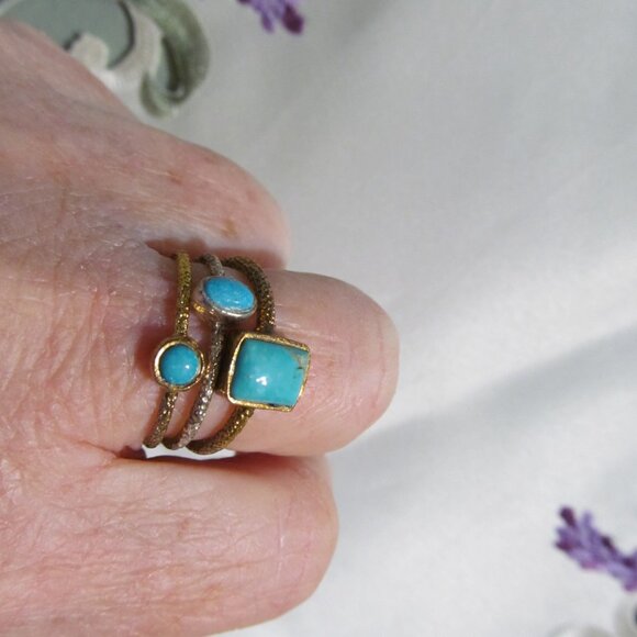 Tehya Oyama Sleeping Beauty & Kingman Turquoise 18K Gold & S over Brass 3 Rings - Picture 10 of 15